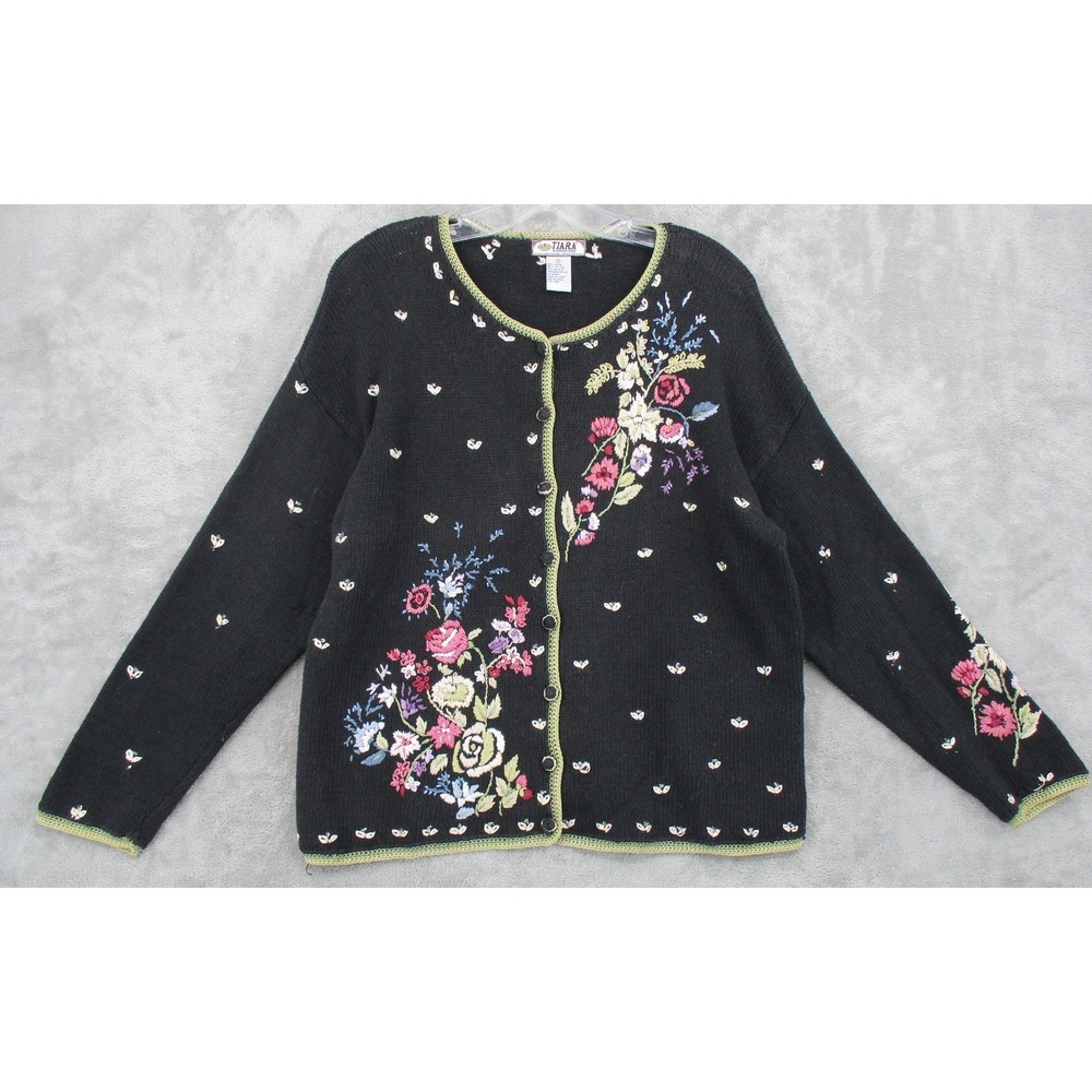 Vintage Tiara Sweater Small Cardigan Cottage Floral Embroidered‎ Grandma Button